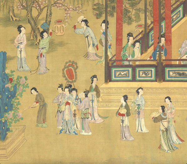 Traditional Chinese Dresses and Hairstyles of Women of the Ming Dynasty in the Painting "Beautiful Ladies" by Qiu Ying